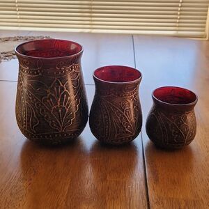 Unicef tealight candle holder set of 3, cranberry with gold raised flora…